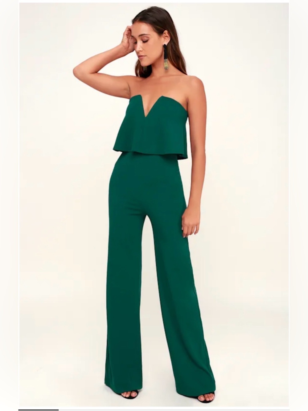 Lulus Power of Love Emerald Green Strapless Jumpsuit Medium Wide Leg Stretch